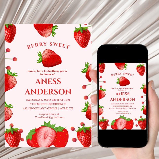 Invitation joli Premier Anniversaire de Sweet Berry moderne (Créateur téléchargé)