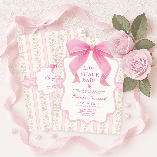 Invitation Joli Pretty Pink Bow Love Shack Baby Girl Douche (Créateur téléchargé)