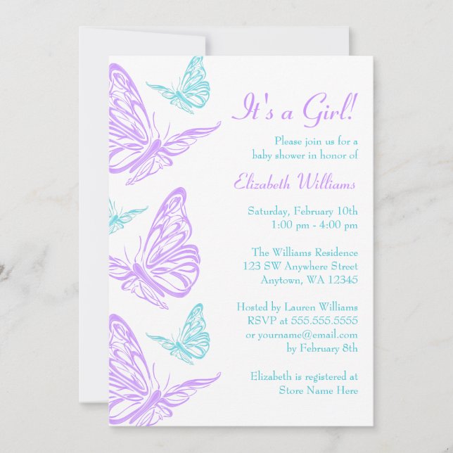 Invitation Joli Purple Turquoise Papillon Fille Baby shower (Devant)