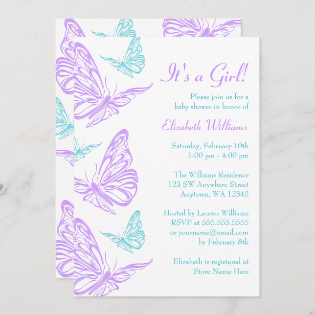 Invitation Joli Purple Turquoise Papillon Fille Baby shower (Devant / Derrière)