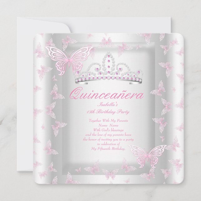 Invitation Joli Quinceanera rose Parti Tiara Butterfly (Devant)