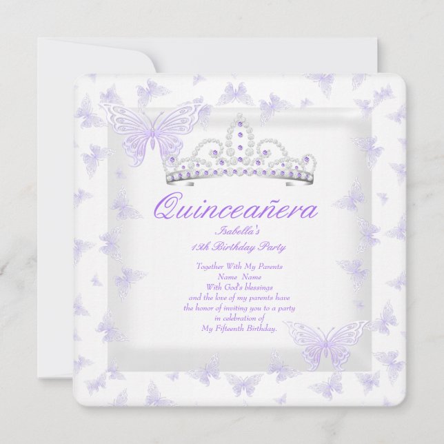 Invitation Joli Quinceanera violet Parti Tiara Butterfly (Devant)