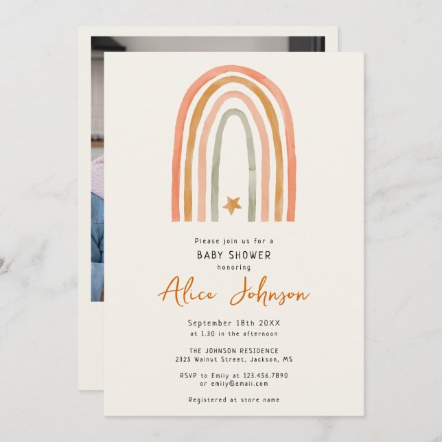 Invitation Joli Rainbow Et Star Photo Boho Baby shower (Devant / Derrière)