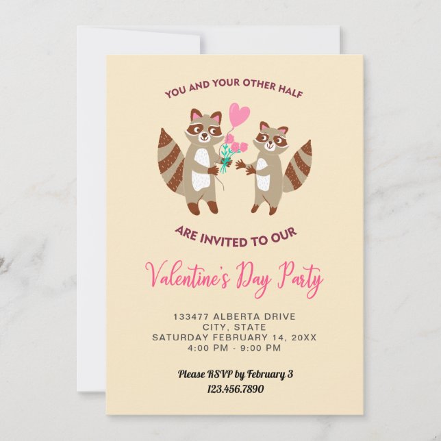 Invitation joli raton laveur valentine's day party diner coeu (Devant)