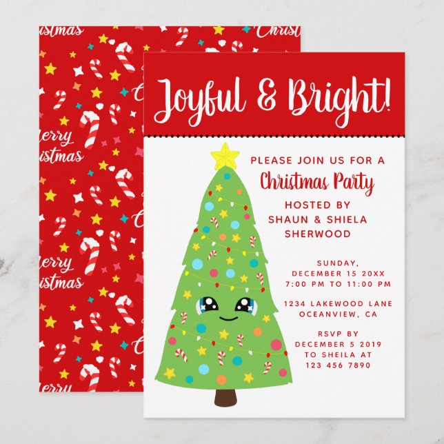 Invitation Joli Red Kawaii Noël Arbre Jeu de Noël des enfants (Devant / Derrière)