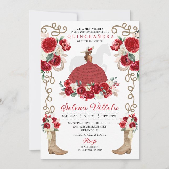 Invitation Joli Red Western Mariachi Princess Quinceañera (Devant)