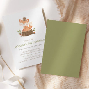 Invitation Joli renard de bois Sage vert minimaliste Annivers