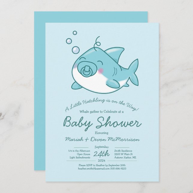 Invitation Joli requin Baby shower Kawaii Blue Boy (Devant / Derrière)