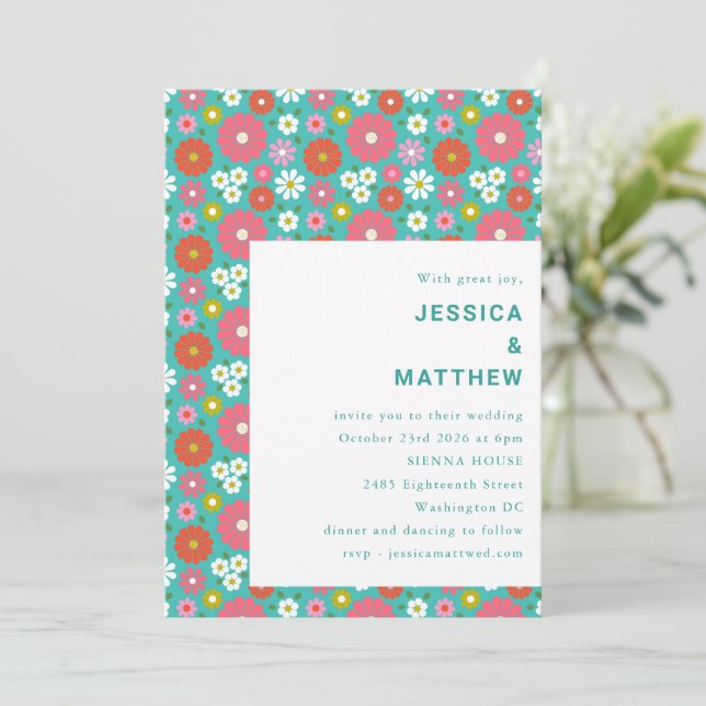 Invitation Joli Retro 60s Fleurs bleu turquoise Mariage (Debout devant)