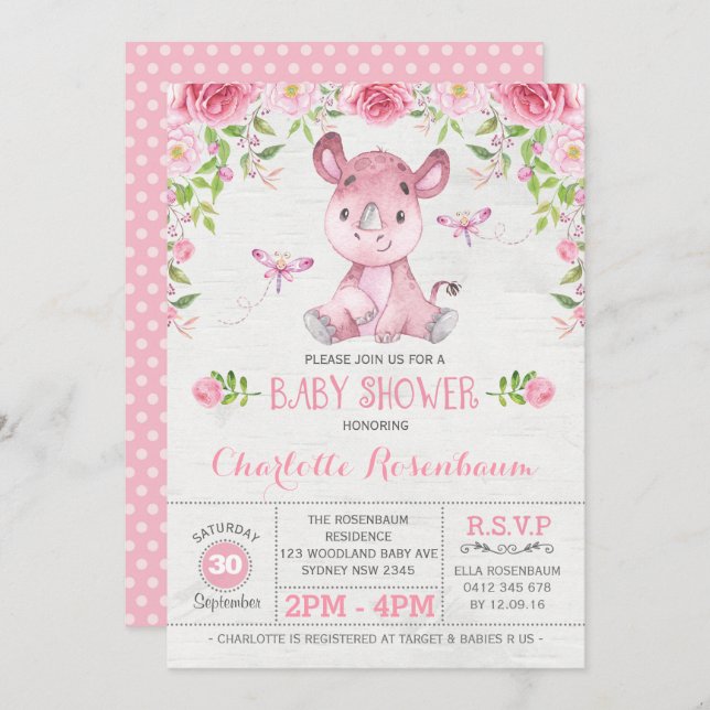 Invitation Joli Rhinoceros Floral Rose Baby Girl Douche (Devant / Derrière)