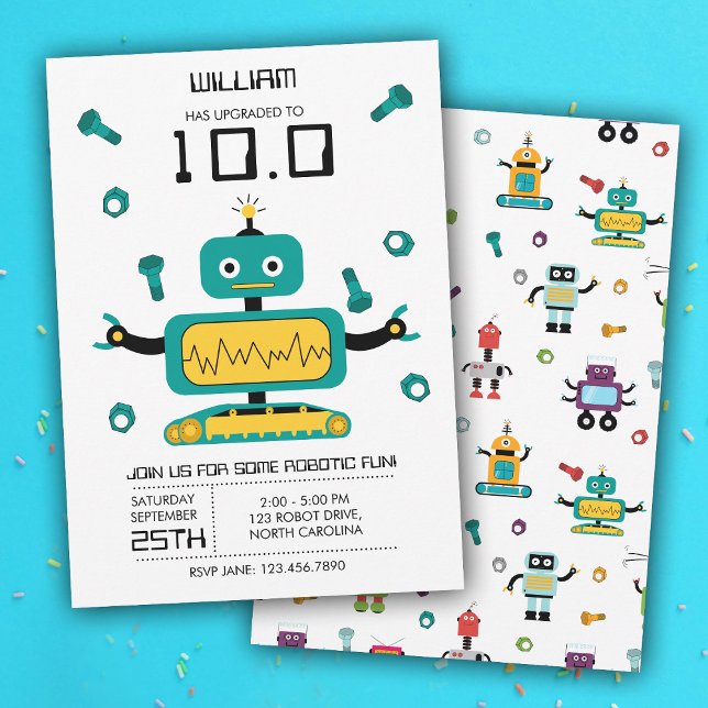 Invitation Joli Robot Turquoise Thème Robots Enfants Fête d'a (Cute Teal Robot Theme Kids Robots Birthday Party Invitation)