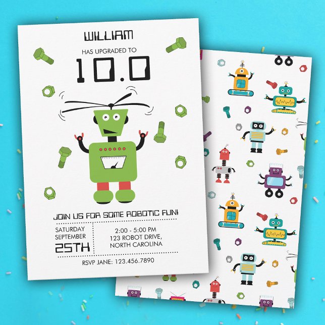 Invitation Joli Robot Vert Thème Robots Enfants Fête d'annive (Cute Green Robot Theme Kids Robots Birthday Party Invitation)