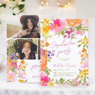 Invitation Joli romantique rose floral 3 photos graduation