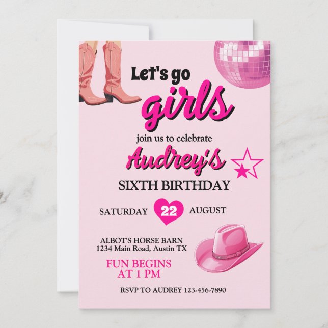 Invitation Joli rose Allons-y Filles Anniversaire occidental (Devant)