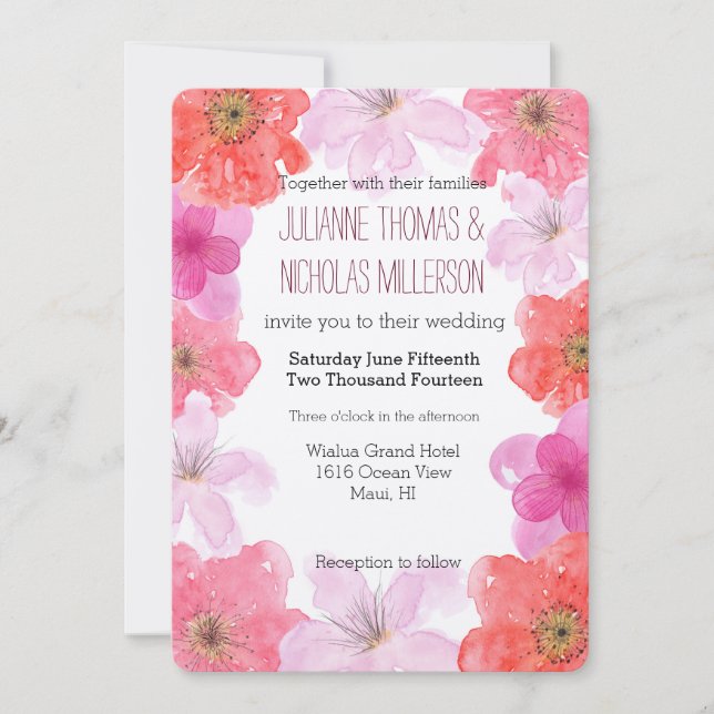 Invitation Joli rose Aquarelle Mariage Floral (Devant)
