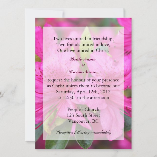 Invitation joli rose azalea fleurs Christian mariage invit (Devant)