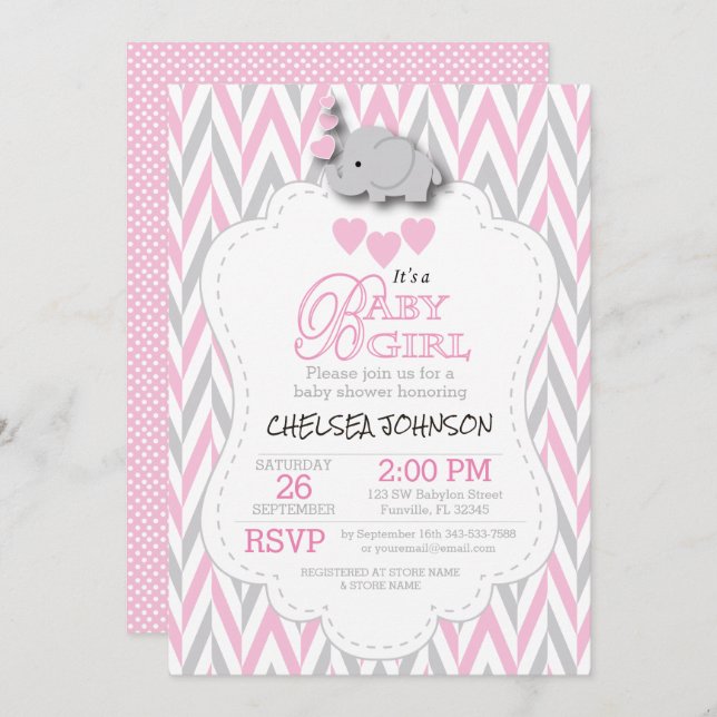 Invitation Joli rose, blanc gris éléphant Baby shower 2 (Devant / Derrière)