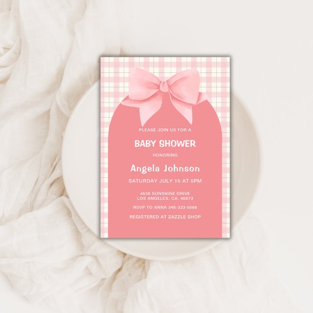 Invitation Joli rose En vichy Plaid Arch Bow Girl Baby shower (Cute Pink Gingham Plaid Arch Bow Girl Baby Shower Invitation)