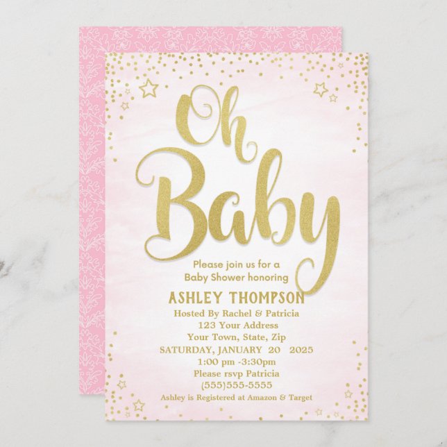 Invitation Joli rose et or Oh Baby Stars Baby shower (Devant / Derrière)
