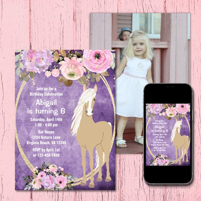 Invitation Joli rose et violet Flower Photo Horse Anniversair (Pretty Pink and Purple Flower Photo Horse Birthday Invitation)
