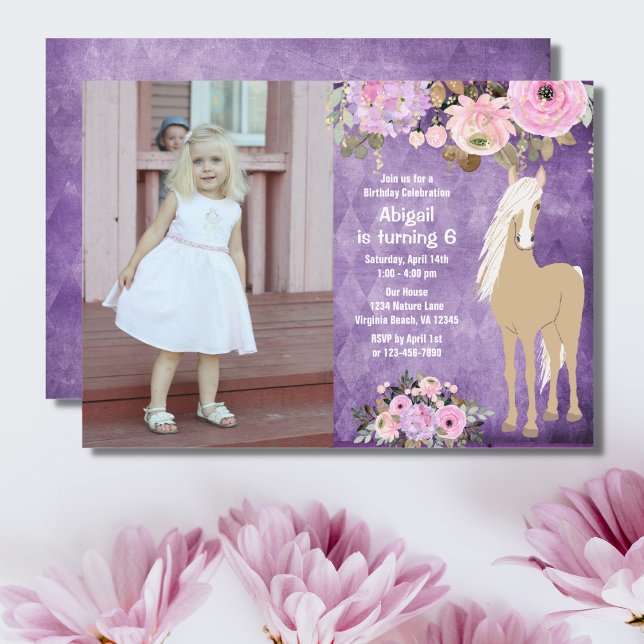 Invitation Joli rose et violet Flower Photo Horse Anniversair (Créateur téléchargé)