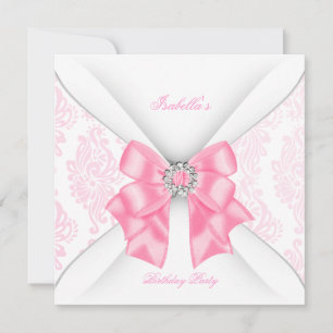 Invitation Joli rose fête d'anniversaire Blanc Diamond Bow