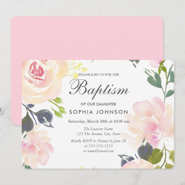 Invitation Joli rose Fleurs de Blush Baby Girl Baptism Invita (Devant / Derrière)