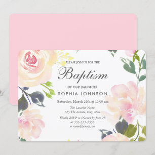 Invitation Joli rose Fleurs de Blush Baby Girl Baptism Invita