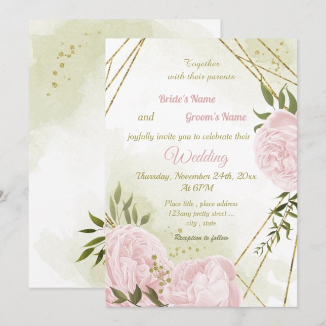Invitation joli rose fleurs verdure mariage géométrique (Devant / Derrière)