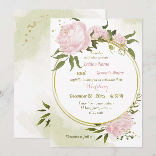 Invitation joli rose fleurs verdure mariage géométrique (Devant / Derrière)