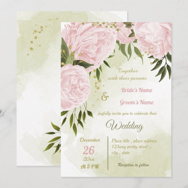 Invitation joli rose fleurs verdure mariage géométrique (Devant / Derrière)