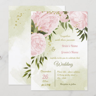 Invitation joli rose fleurs verdure mariage géométrique