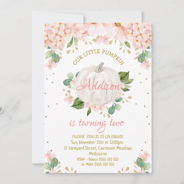 Invitation Joli rose Floral Blanc Citrouille Anniversaire (Devant)