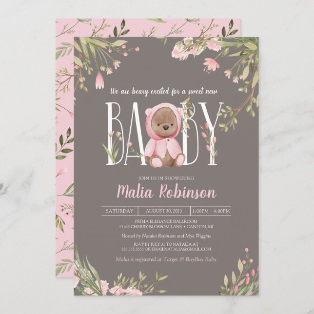 Invitation Joli rose Floral Boho Teddy Bear Baby shower (Devant / Derrière)
