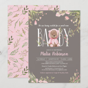 Invitation Joli rose Floral Boho Teddy Bear Baby shower