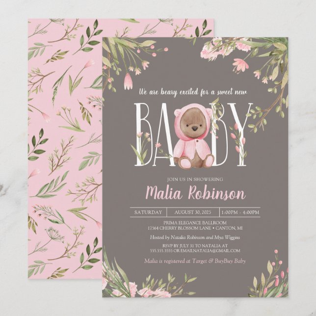 Invitation Joli rose Floral Boho Teddy Bear Baby shower Inv (Devant / Derrière)