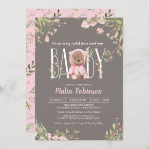 Invitation Joli rose Floral Boho Teddy Bear Baby shower Inv