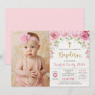 Invitation Joli rose Floral Rose fille Baptême Photo