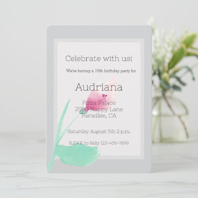Invitation Joli rose Flower Grey 16e anniversaire (Debout devant)