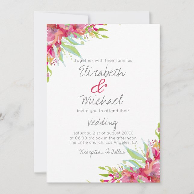 Invitation Joli rose Magenta Aquarelle Mariage Floral (Devant)