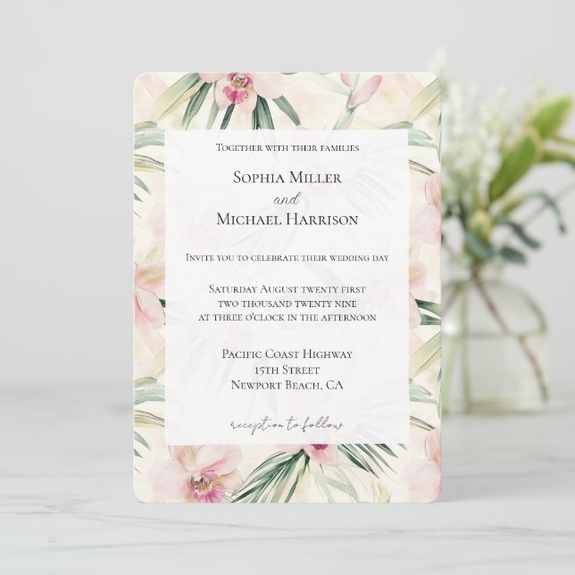 Invitation Joli rose Mariage de fleurs d'orchidées tropicales (Debout devant)