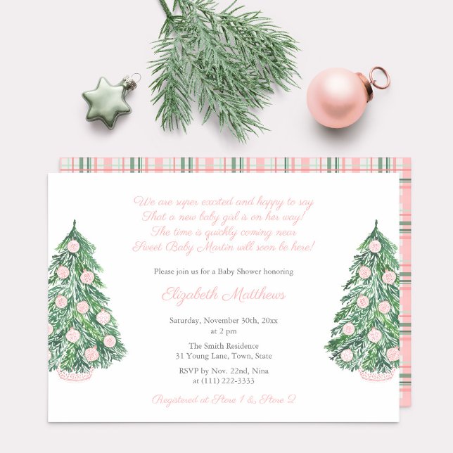 Invitation Joli rose Noël Chinoiserie Baby shower fille (Pink Chinoiserie Holiday Trees girl baby shower party invitation)