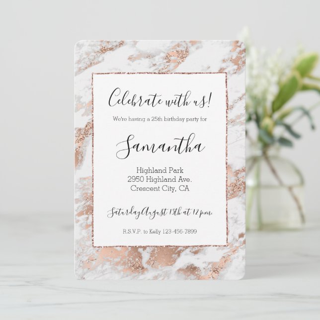 Invitation Joli Rose Or Blanc Glitzy Marbre Anniversaire (Debout devant)