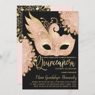 Invitation Joli rose or noir Mascarade Masque Quinceañera