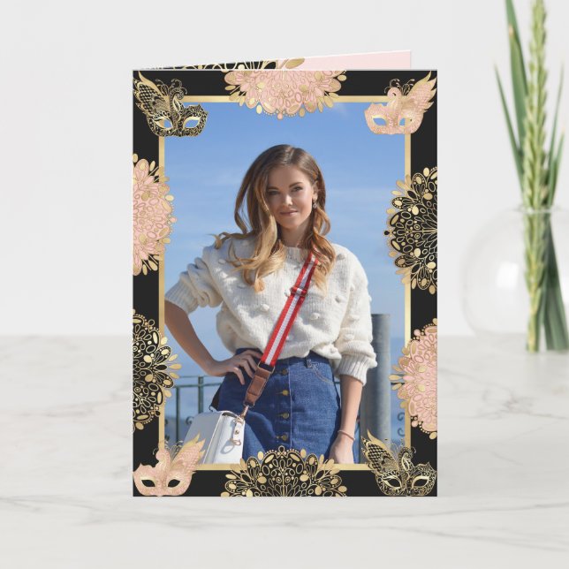 Invitation Joli rose or noir Mascarade Masque Sweet 16 (Devant)