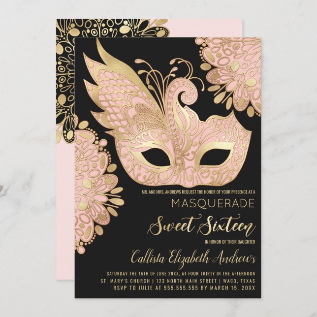 Invitation Joli rose or noir Mascarade Masque Sweet 16 (Devant / Derrière)