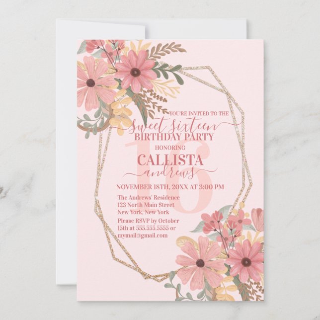 Invitation Joli rose Painted Fleurs Parties scintillant Cadre (Devant)