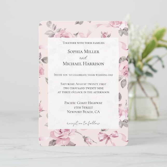 Invitation Joli rose pâle Roses Floral & Bows Mariage (Debout devant)