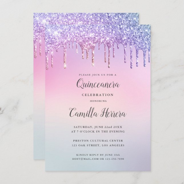 Invitation Joli rose Parties scintillant Gradient Quinceañera (Devant / Derrière)