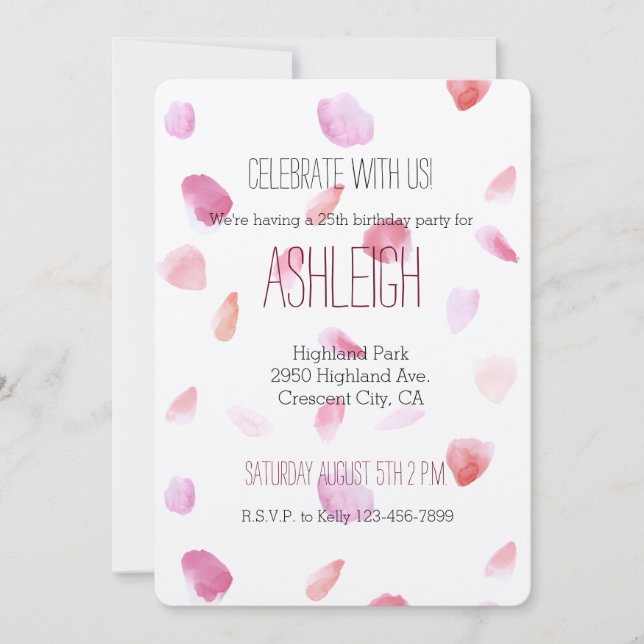 Invitation Joli rose Peach Rose Pétales Aquarelle anniversair (Devant)